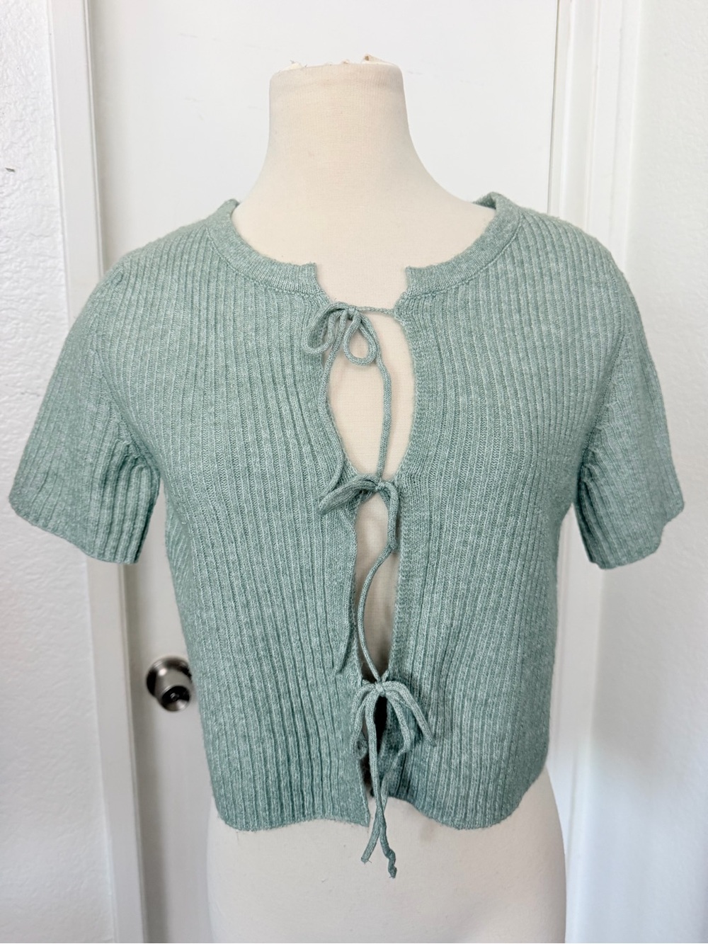 Sage Green Ribbed Tie-Front soft top